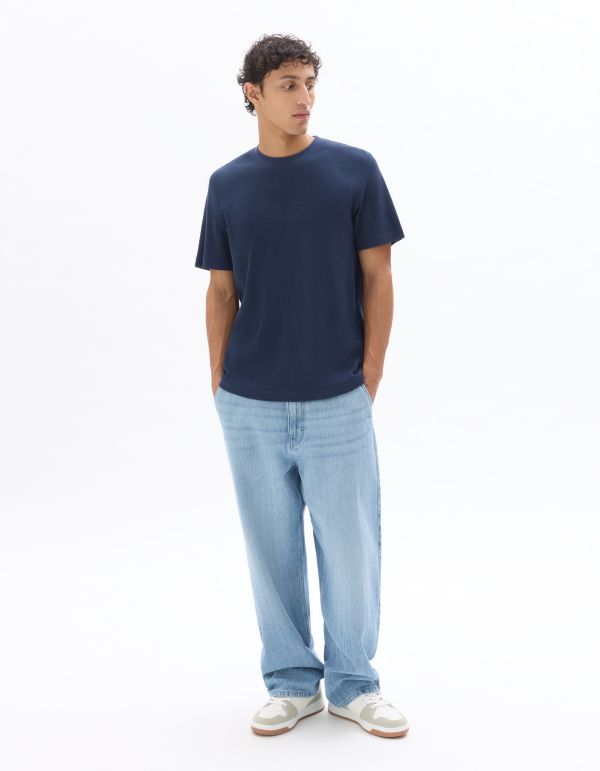 T-shirt boxy col rond 100% coton gaufré - marine