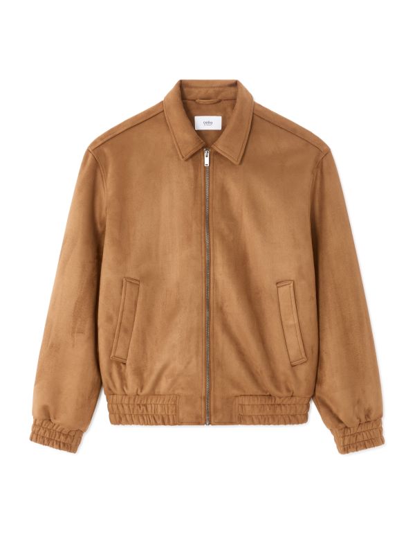 Blouson faux daim col chemise - camel
