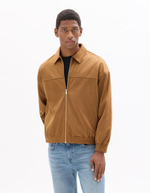 Blouson faux daim col chemise - camel