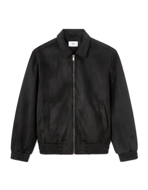 Blouson faux daim col chemise - noir
