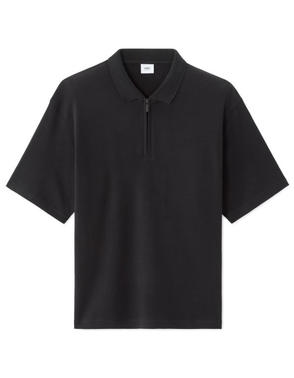 Polo col zippé 100% coton - noir