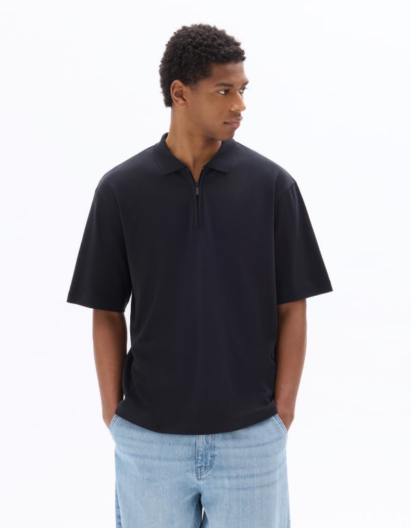 Polo col zippé 100% coton - noir