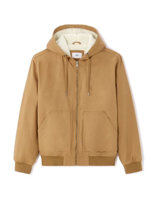 Blouson 100% coton à capuche doublé sherpa - marron