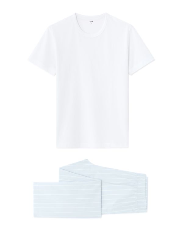 Pyjama t-shirt et pantalon rayé 100% coton - bleu clair
