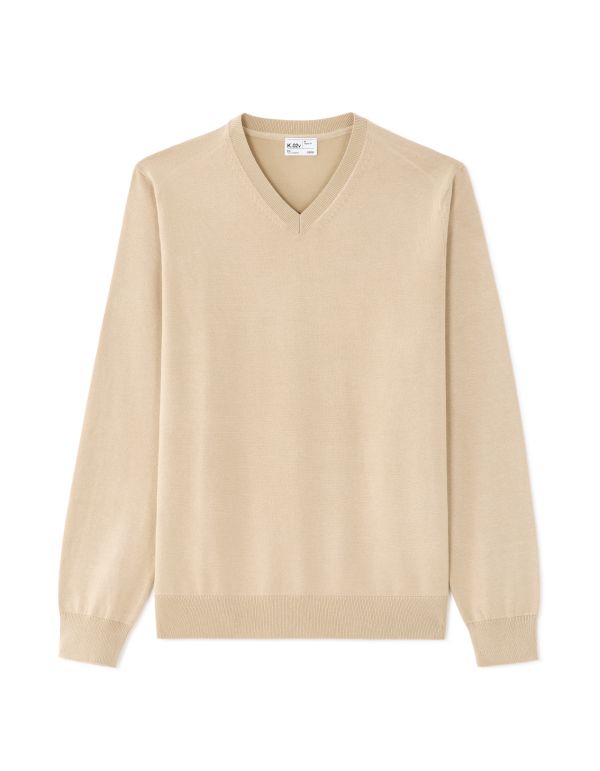 K.02v Pull Col V uni en maille fine - beige clair