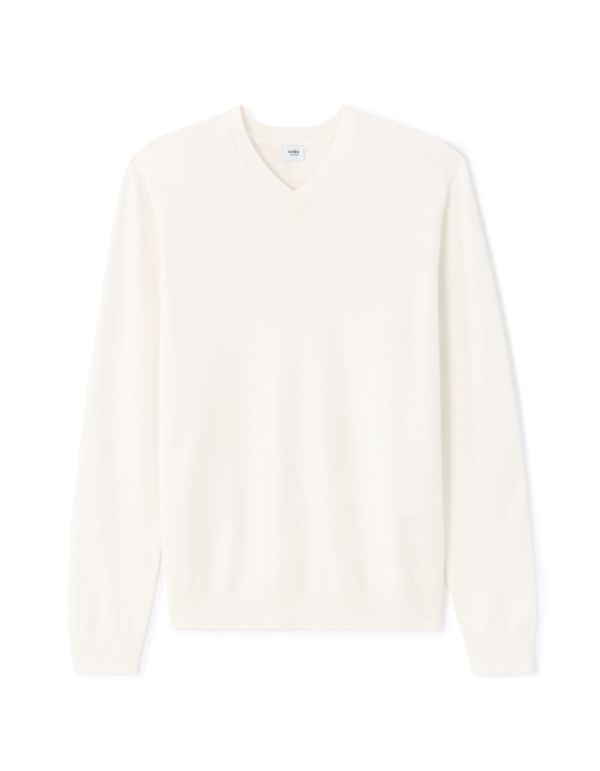 Pull col V unie en maille fine - blanc
