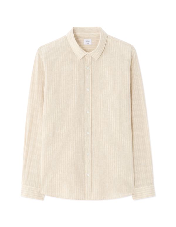 Chemise regular à col français en lin et coton - naturel rayée
