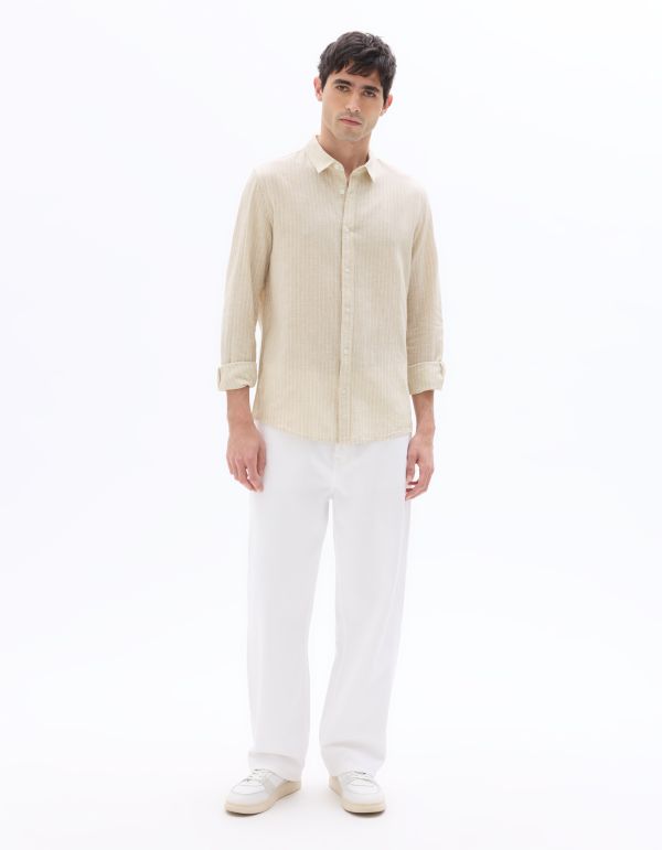 Chemise regular à col français en lin et coton - naturel rayée