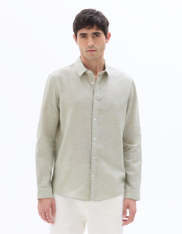 Chemise regular à col français en lin et coton - vert clair