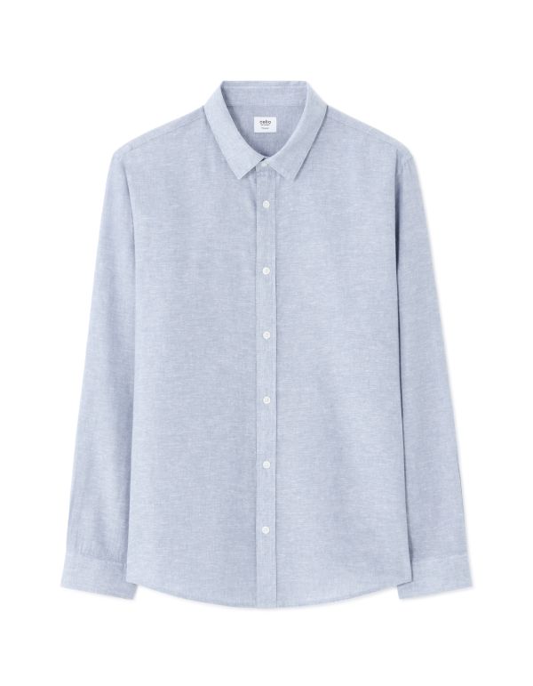Chemise regular à col français en lin et coton - bleu