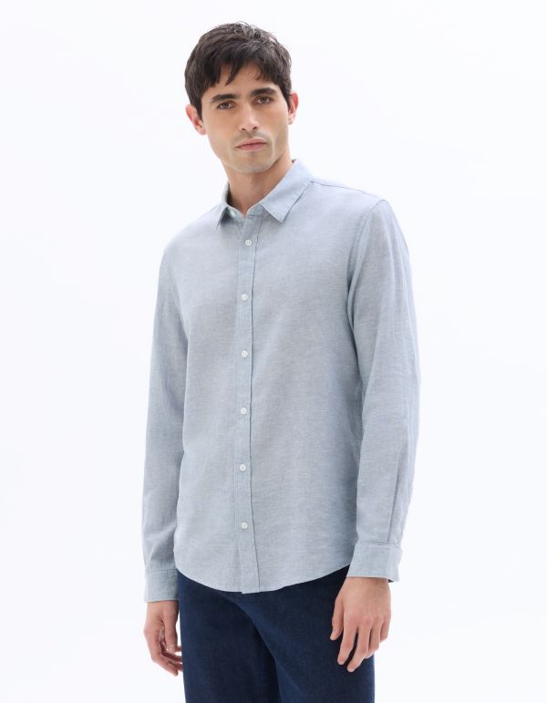 Chemise regular à col français en lin et coton - bleu
