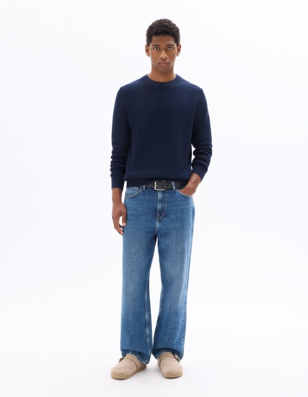 Pull col rond 100% coton en chevron - marine