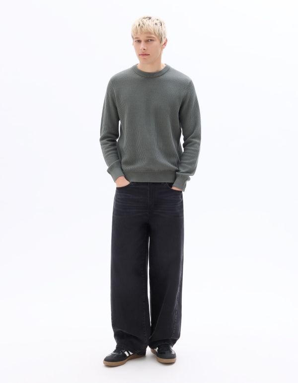 Pull col rond 100% coton en chevron - vert foncé