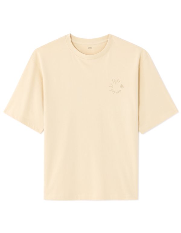 T-shirt oversize col rond 100% coton imprimé naïf - beige