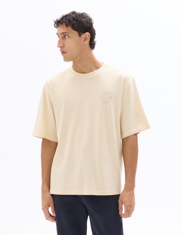 T-shirt oversize col rond 100% coton imprimé naïf - beige