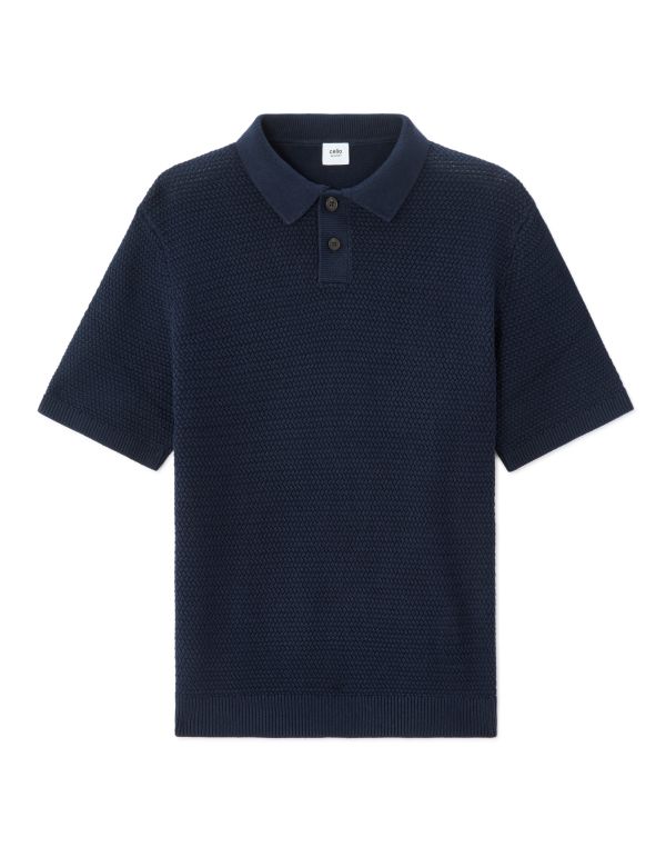 Polo regular 100% coton en maille gaufré - bleu marine