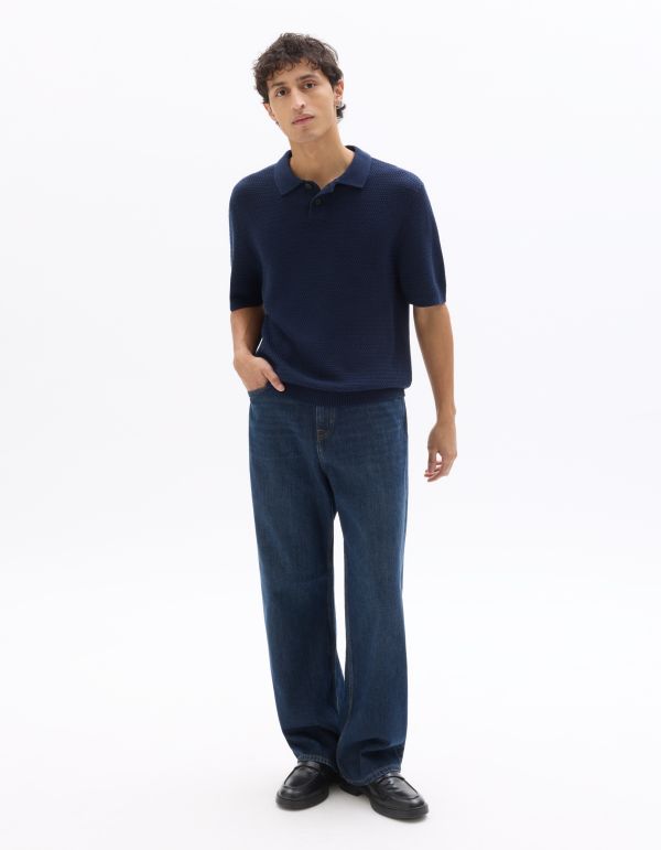 Polo regular 100% coton en maille gaufré - bleu marine
