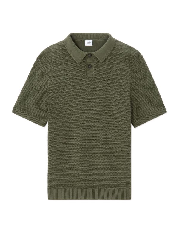 Polo regular 100% coton en maille gaufré - vert kaki