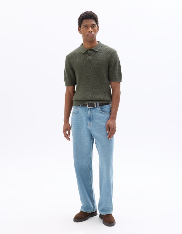 Polo regular 100% coton en maille gaufré - vert kaki