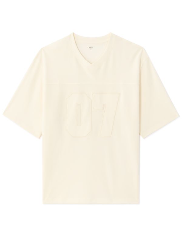 T-shirt oversize col V brodé 07 en interlock - blanc