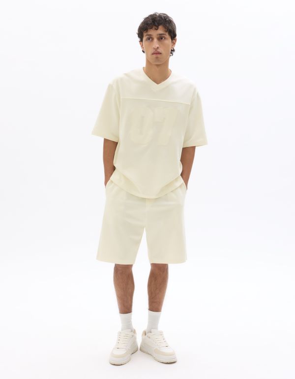 T-shirt oversize col V brodé 07 en interlock - blanc