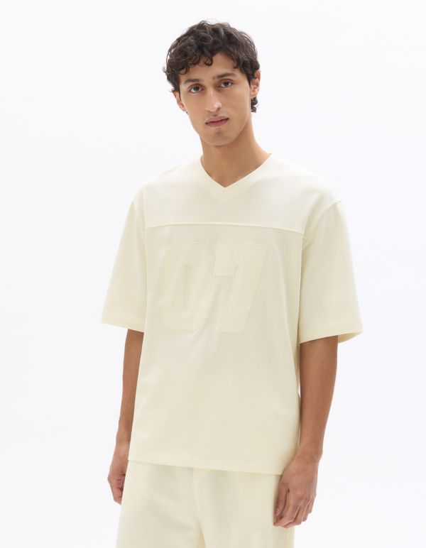 T-shirt oversize col V brodé 07 en interlock - blanc
