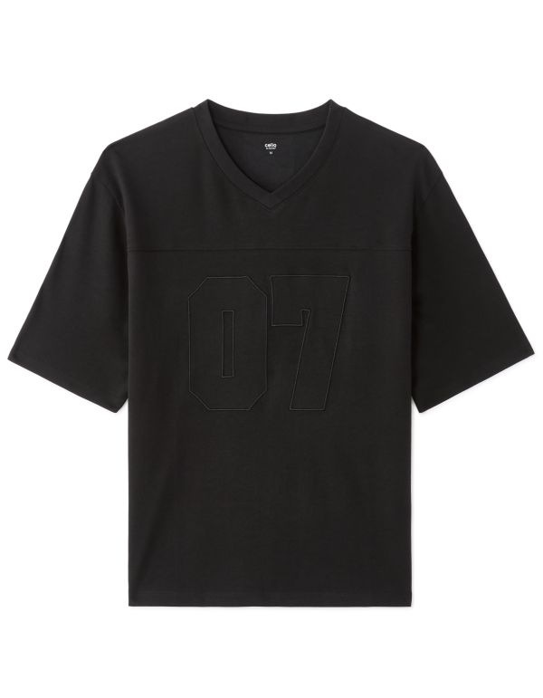 T-shirt oversize col V brodé 07 en interlock - noir