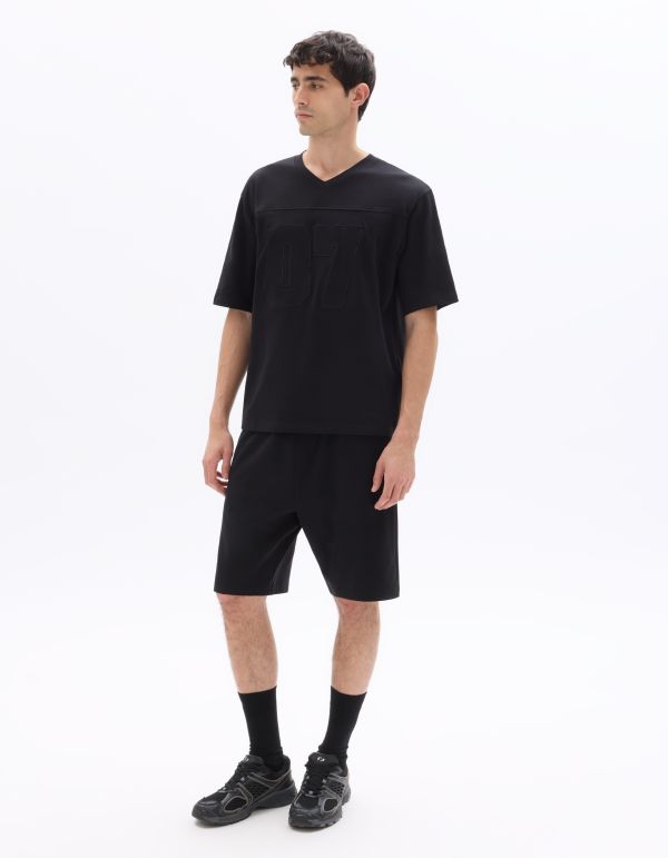 T-shirt oversize col V brodé 07 en interlock - noir