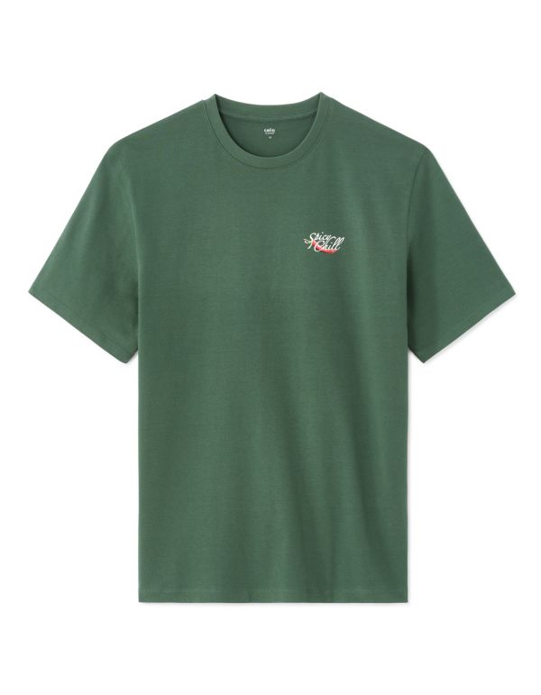 T-shirt boxy col rond 100% coton imprimé nature morte - vert
