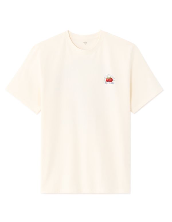 T-Shirt boxy col rond 100% coton imprimé tomate - beige