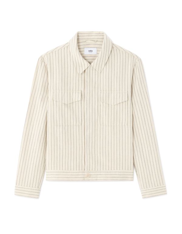 Veste trucker en lin et coton rayé - beige