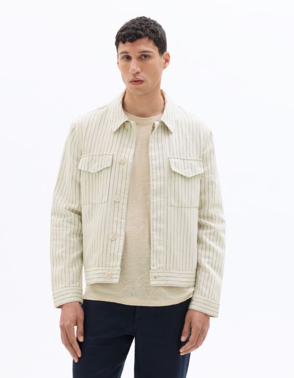 Veste trucker en lin et coton rayé - beige