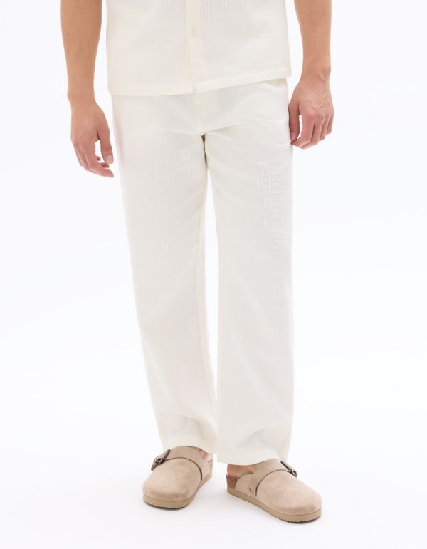 Pantalon straight 100% coton effet nid d'abeille - beige