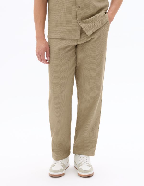Pantalon straight 100% coton effet nid d'abeille - beige