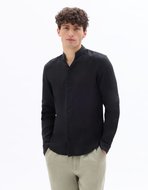 Chemise regular col montant 100% lin - noir