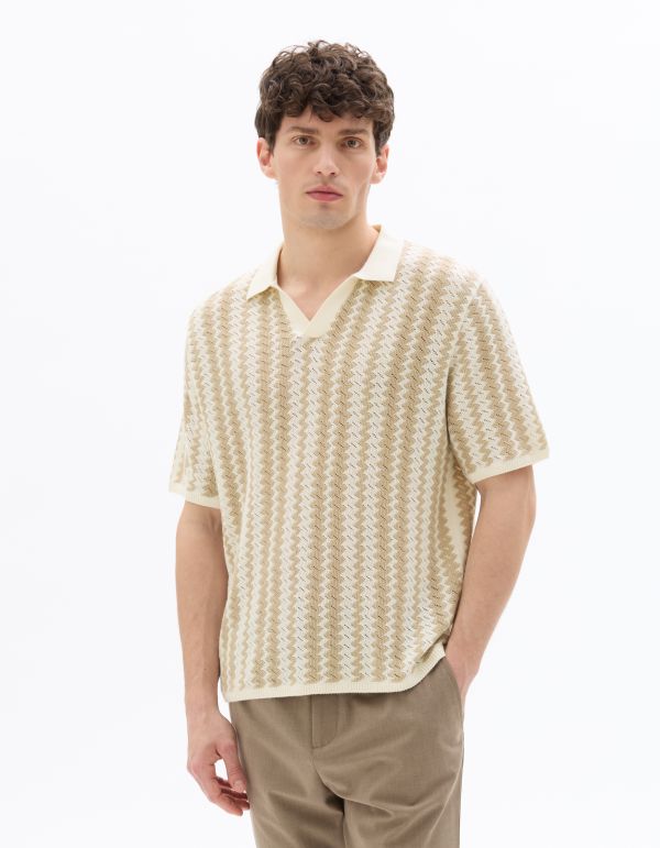 Polo regular en maille rayée et texturée - beige