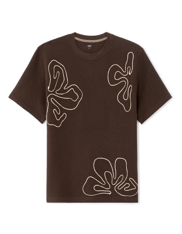 T-shirt boxy col rond 100% coton broderies fleurs - marron
