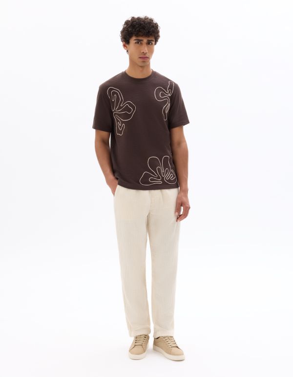 T-shirt boxy col rond 100% coton broderies fleurs - marron