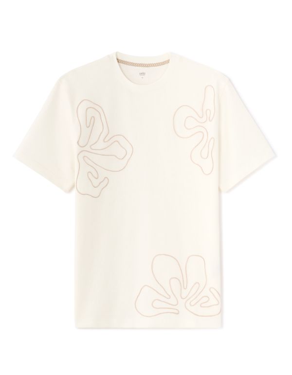 T-shirt boxy col rond 100% coton broderies fleurs - blanc