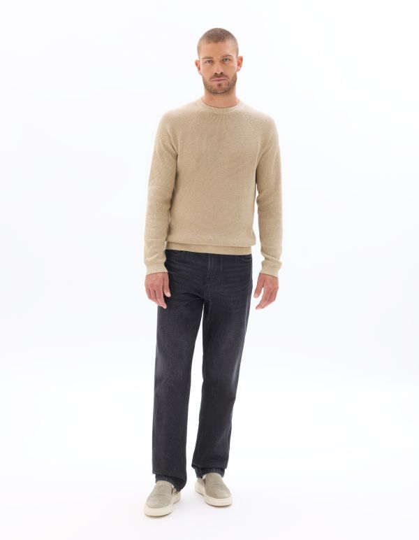 Pull regular col rond effet gauffré - beige