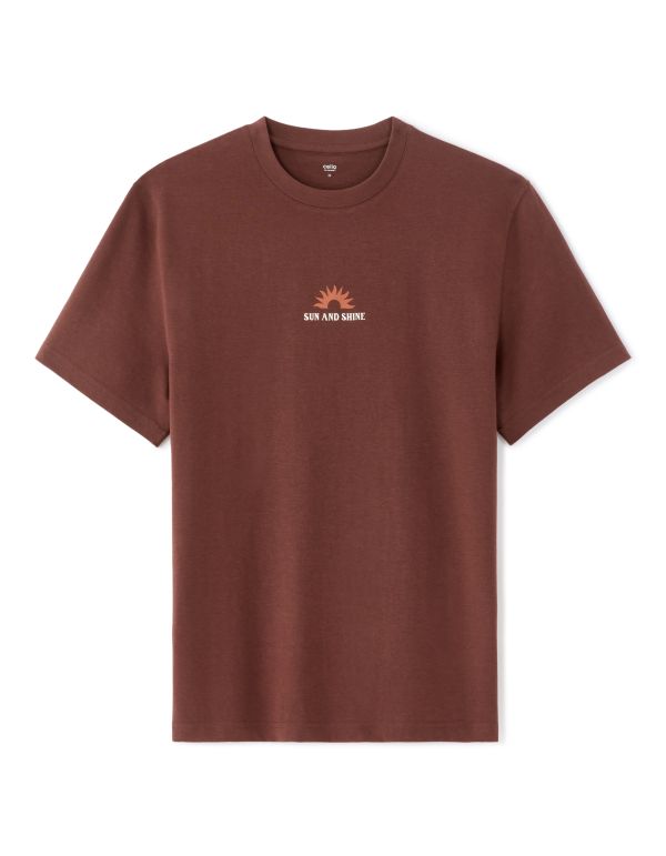 T-shirt boxy col rond 100% coton imprimé Sun and Shine - marron
