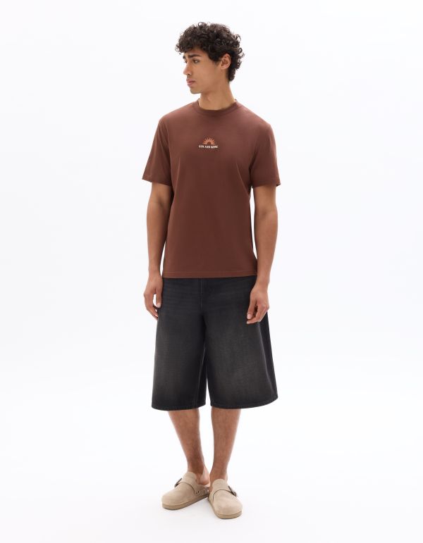 T-shirt boxy col rond 100% coton imprimé Sun and Shine - marron