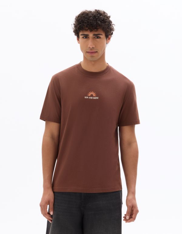 T-shirt boxy col rond 100% coton imprimé Sun and Shine - marron