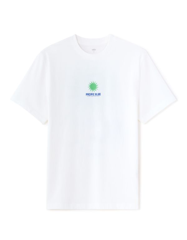 T-shirt boxy col rond 100% coton imprimé Pacific Blue - blanc