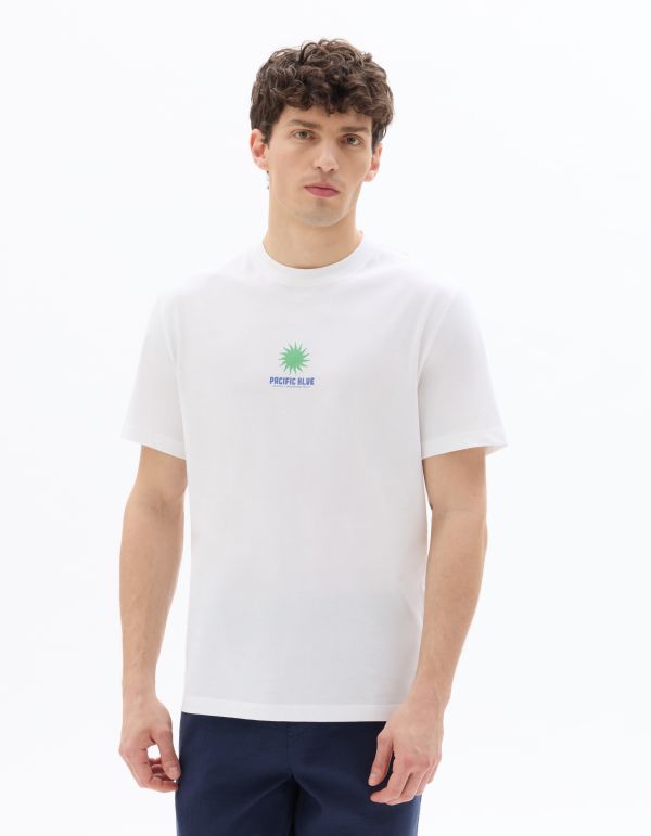 T-shirt boxy col rond 100% coton imprimé Pacific Blue - blanc