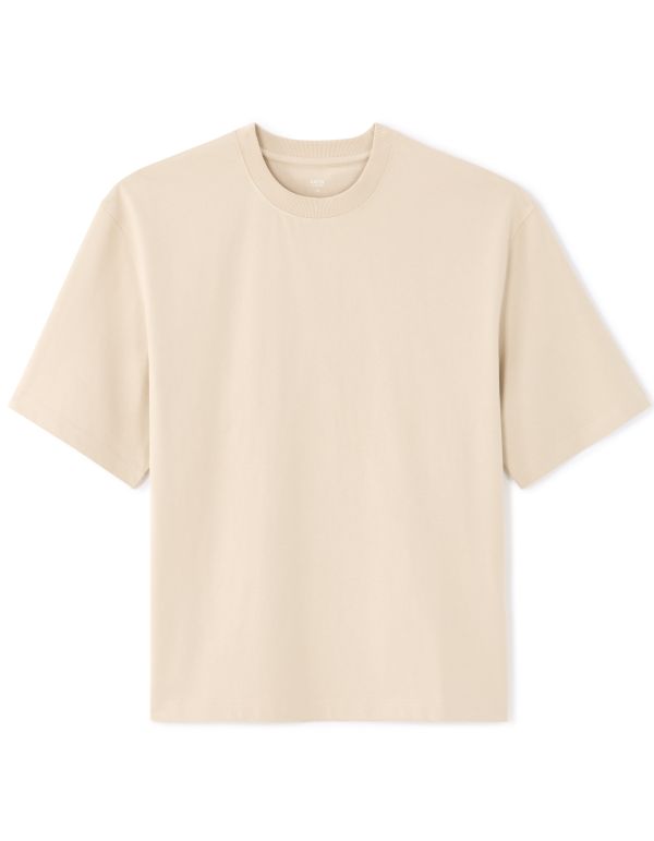 T-shirt boxy cropped col rond 100% coton - beige clair