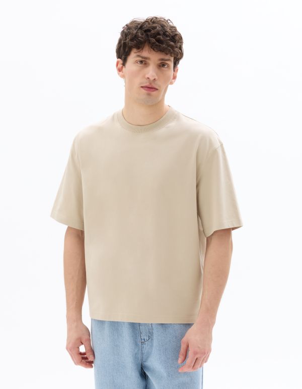 T-shirt boxy cropped col rond 100% coton - beige clair