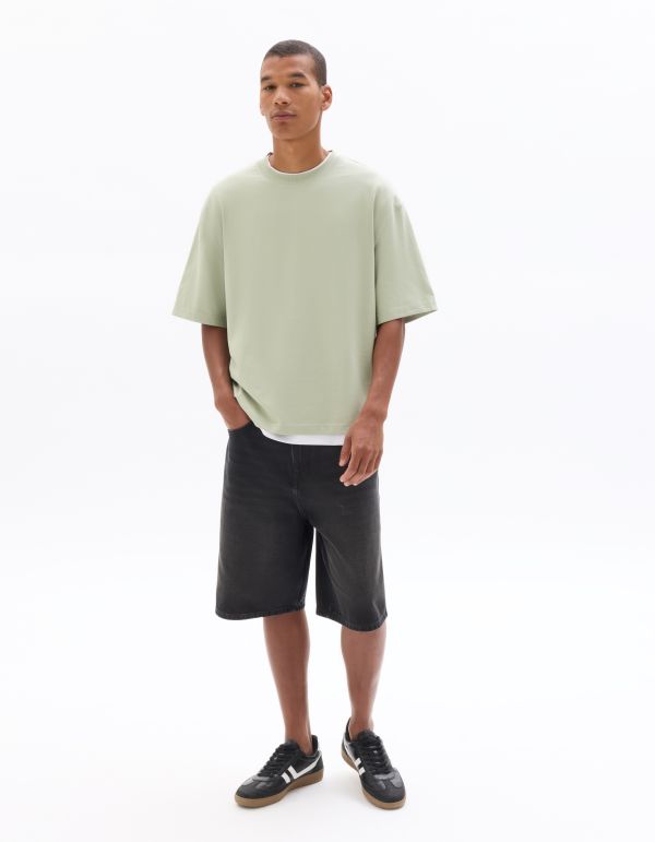 T-shirt boxy cropped col rond 100% coton - vert clair