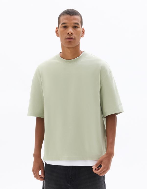 T-shirt boxy cropped col rond 100% coton - vert clair