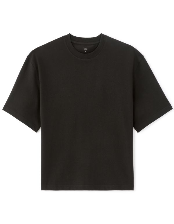 T-shirt boxy cropped col rond 100% coton - noir